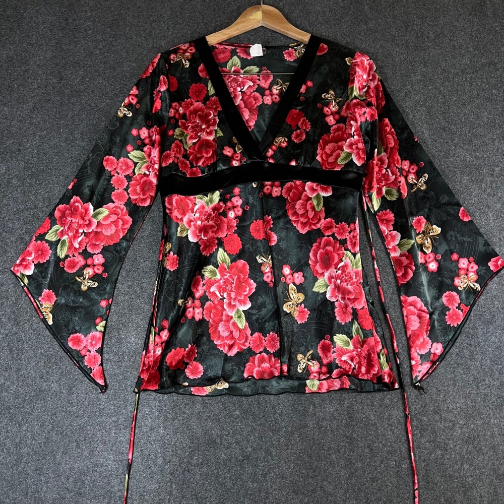 Vintage Rave Y2K Floral Butterfly Bell Sleeve Empire Waist Top Red Green Large